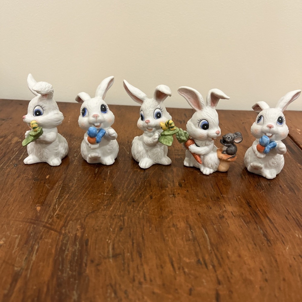 Vtg 5 1980's Lefton White Boy Girl‎ Bunnies Bunny Easter Eggs Figurines #05443